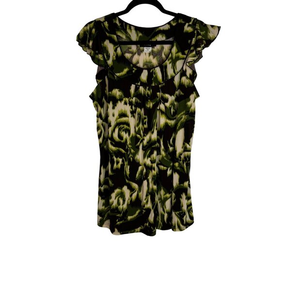 Y2K Witchy Grunge Whimsigoth Sz 1x Stretch Ruffled Sleeve Green Brown‎ Top - Picture 1 of 7